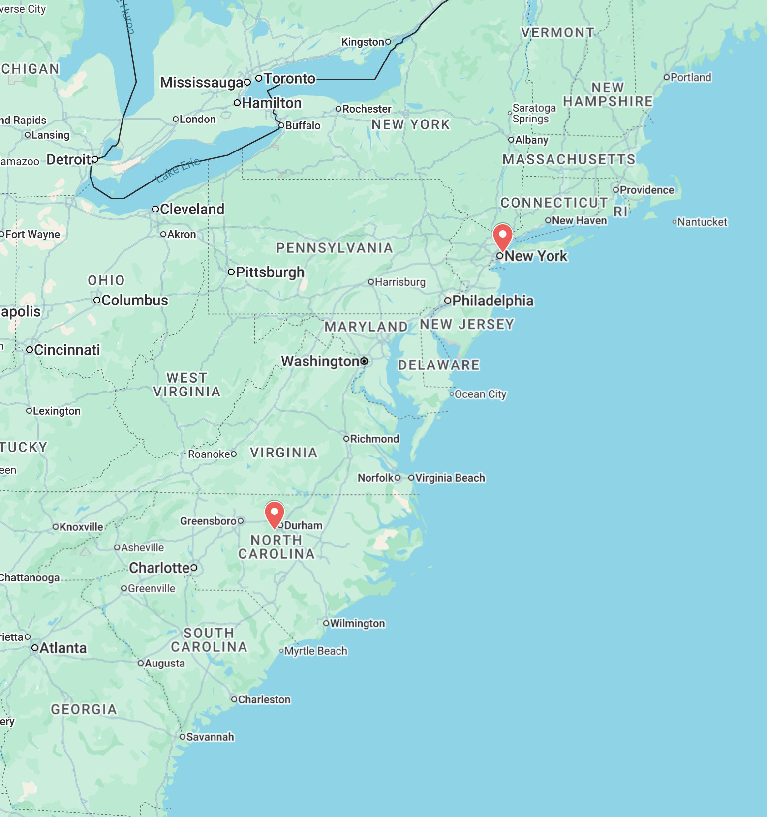 map of the US east coast with pins in NYC and NC